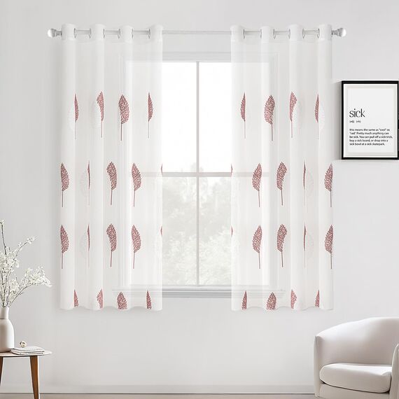 MIULEE Wohnzimmer Vorhänge Transparent mit Altrosa und Weiß Blätter Muster, Modern Stickerei Gardinen Ösen für Schlafzimmer Deko, 2er Set Schöne Blätter Muster Vorhang Fenster H 175 x B 140