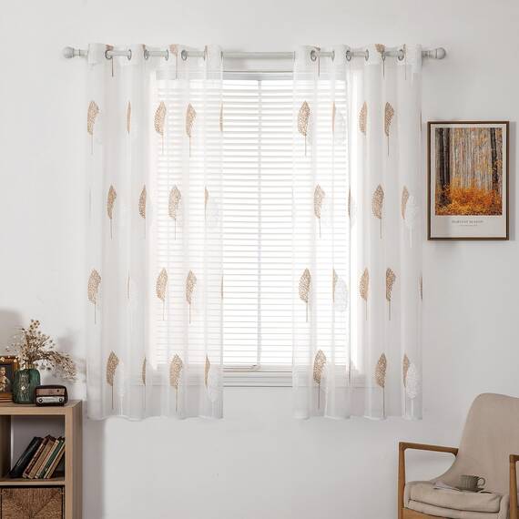 MIULEE Wohnzimmer Vorhänge Transparent mit Braun und Weiss Blätter Muster, Modern Stickerei Gardinen Ösen für Schlafzimmer Deko, 2er Set Schöne Blätter Muster Vorhang Fenster H 175 x B 140