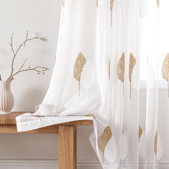 MIULEE Wohnzimmer Gardinen Transparent mit Braun und Weiss Blätter Muster, Modern Stickerei Gardinen Ösen für Schlafzimmer Deko, 2er Set Schöne Blätter Muster Vorhang Fenster H 245 x B 200