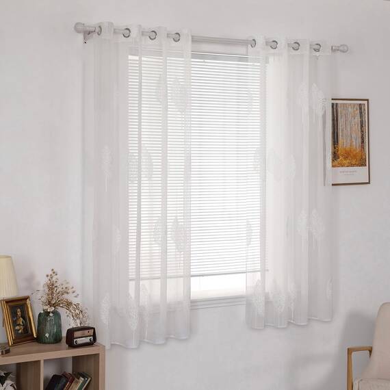 MIULEE Kurz Vorhänge Transparent mit Weiss Blätter Muster, Modern Stickerei Gardinen Ösen Für Kleines Fenster Kurzgardine, 2er Set Schöne Blätter Muster Vorhang Fenster H 160 x B 140