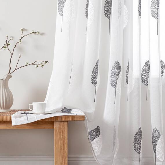MIULEE Wohnzimmer Gardinen Transparent mit Grau und Weiss Blätter Muster, Modern Stickerei Gardinen Ösen für Schlafzimmer Deko, 2er Set Schöne Blätter Muster Vorhang Fenster H 245 x B 200