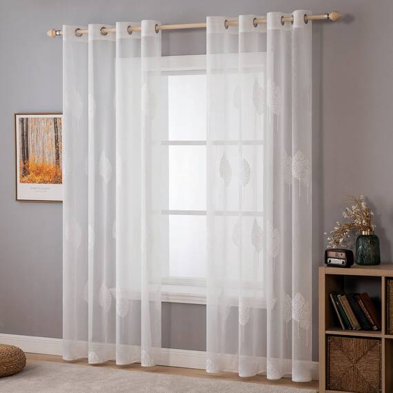 MIULEE Wohnzimmer Vorhänge Transparent mit Weiss Blätter Muster, Extra Lange Stickerei Gardinen Ösen für Schlafzimmer Deko, 2er Set Schöne Blätter Muster Vorhang Fenster H 300 x B 140