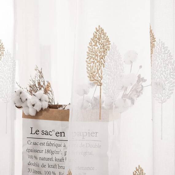 MIULEE Wohnzimmer Vorhänge Transparent mit Braun und Weiss Blätter Muster, Modern Stickerei Gardinen Ösen für Schlafzimmer Deko, 2er Set Schöne Blätter Muster Vorhang Fenster H 225 x B 140