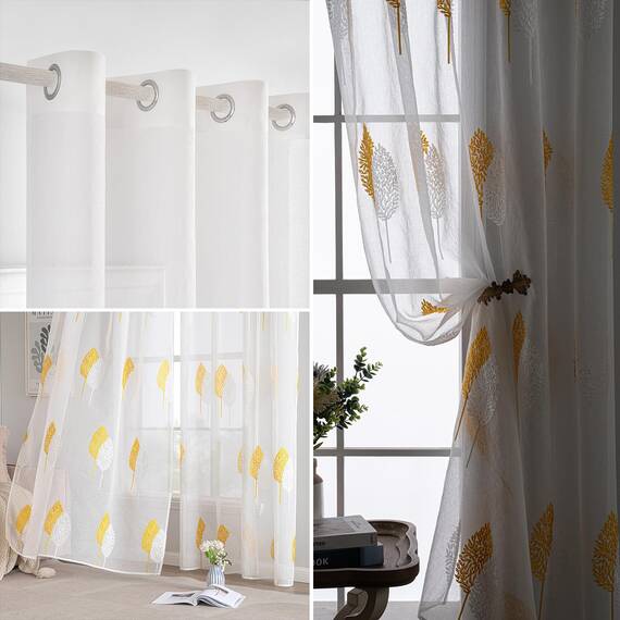 MIULEE Wohnzimmer Vorhänge Transparent mit Gelb und Weiss Blätter Muster, Modern Stickerei Gardinen Ösen für Schlafzimmer Deko, 2er Set Schöne Blätter Muster Vorhang Fenster H 260 x B 140