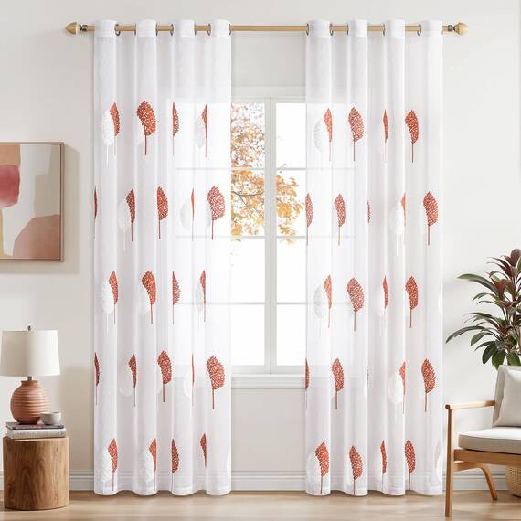 MIULEE Wohnzimmer Gardinen Transparent mit Terrakotta und Weiss Blätter Muster, Modern Stickerei Gardinen Ösen für Schlafzimmer Deko, 2er Set Schöne Blätter Muster Vorhang Fenster H 225 x B 140