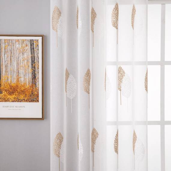MIULEE Wohnzimmer Vorhänge Transparent mit Braun und Weiss Blätter Muster, Modern Stickerei Gardinen Ösen für Schlafzimmer Deko, 2er Set Schöne Blätter Muster Vorhang Fenster H 225 x B 140