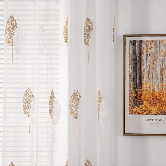 MIULEE Wohnzimmer Vorhänge Transparent mit Braun und Weiss Blätter Muster, Extra Lange Stickerei Gardinen Ösen für Schlafzimmer Deko, 2er Set Schöne Blätter Muster Herbst Vorhang Fenster H 300 x B 140