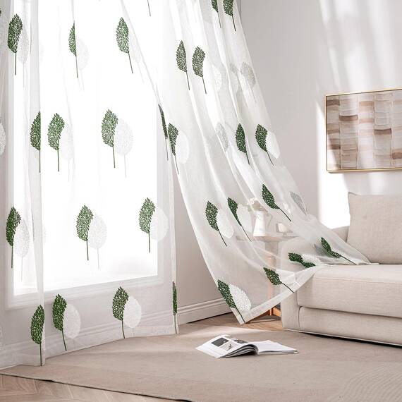 MIULEE Wohnzimmer Gardinen Transparent mit Dunkelgrün und Weiss Blätter Muster, Modern Stickerei Gardinen Ösen für Schlafzimmer Deko, 2er Set Schöne Blätter Muster Vorhang Fenster H 225 x B 140
