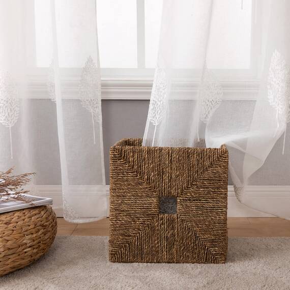 MIULEE Kurz Vorhänge Transparent mit Weiss Blätter Muster, Modern Stickerei Gardinen Ösen Für Kleines Fenster Kurzgardine, 2er Set Schöne Blätter Muster Vorhang Fenster H 160 x B 140