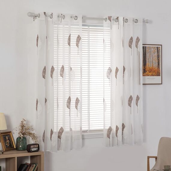 MIULEE Kurz Vorhänge Transparent mit Kaffee und Weiss Blätter Muster, Modern Stickerei Gardinen Ösen Für Kleines Fenster Kurzgardine, 2er Set Schöne Blätter Muster Vorhang Fenster H 160 x B 140