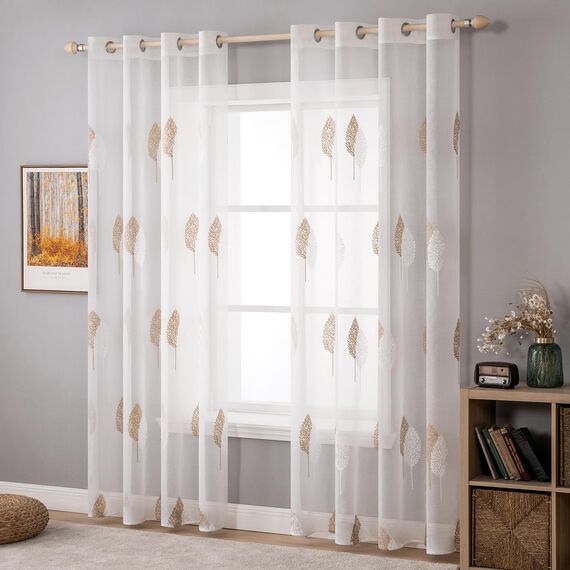 MIULEE Wohnzimmer Vorhänge Transparent mit Braun und Weiss Blätter Muster, Modern Stickerei Gardinen Ösen für Schlafzimmer Deko, 2er Set Schöne Blätter Muster Vorhang Fenster H 280 x B 140