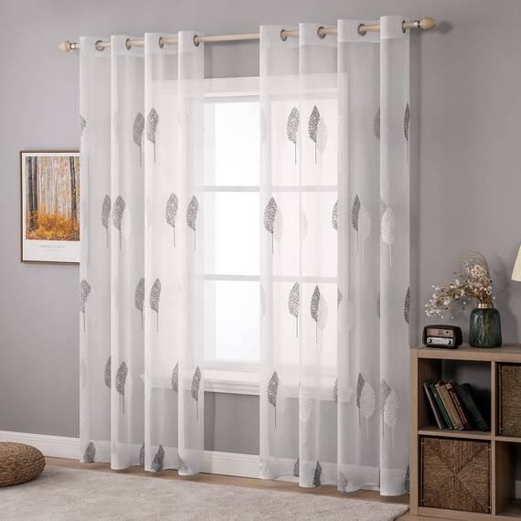 MIULEE Wohnzimmer Vorhänge Transparent mit Grau und Weiss Blätter Muster, Extra Lange Stickerei Gardinen Ösen für Schlafzimmer Deko, 2er Set Schöne Blätter Muster Vorhang Fenster H 290 x B 140