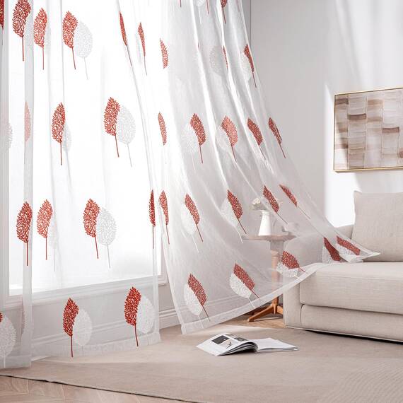 MIULEE Wohnzimmer Gardinen Transparent mit Terrakotta und Weiss Blätter Muster, Modern Stickerei Gardinen Ösen für Schlafzimmer Deko, 2er Set Schöne Blätter Muster Vorhang Fenster H 225 x B 140