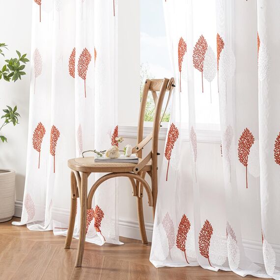 MIULEE Wohnzimmer Gardinen Transparent mit Terrakotta und Weiss Blätter Muster, Modern Stickerei Gardinen Ösen für Schlafzimmer Deko, 2er Set Schöne Blätter Muster Vorhang Fenster H 260 x B 140
