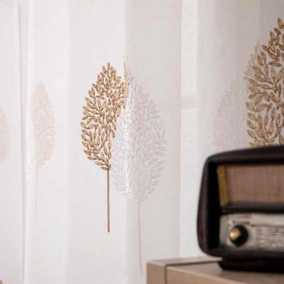MIULEE Wohnzimmer Vorhänge Transparent mit Braun und Weiss Blätter Muster, Modern Stickerei Gardinen Ösen für Schlafzimmer Deko, 2er Set Schöne Blätter Muster Vorhang Fenster H 280 x B 140