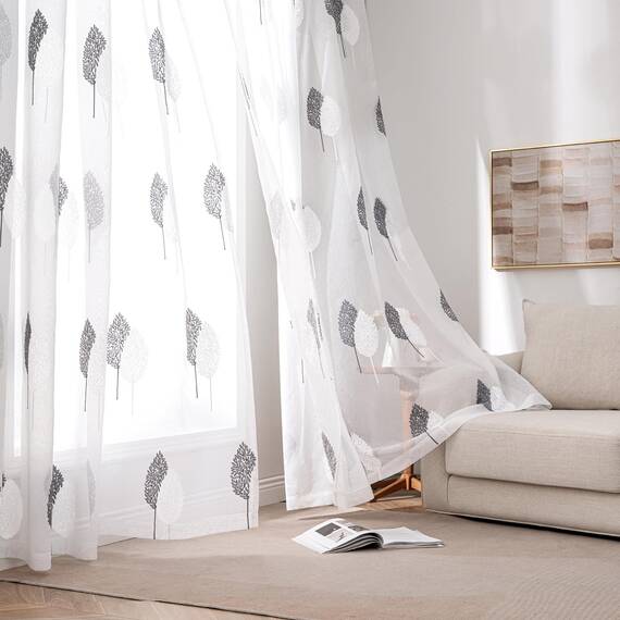 MIULEE Wohnzimmer Gardinen Transparent mit Grau und Weiss Blätter Muster, Modern Stickerei Gardinen Ösen für Schlafzimmer Deko, 2er Set Schöne Blätter Muster Vorhang Fenster H 245 x B 200