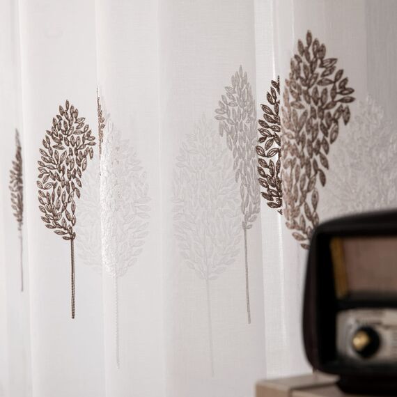 MIULEE Kurz Vorhänge Transparent mit Kaffee und Weiss Blätter Muster, Modern Stickerei Gardinen Ösen Für Kleines Fenster Kurzgardine, 2er Set Schöne Blätter Muster Vorhang Fenster H 160 x B 140