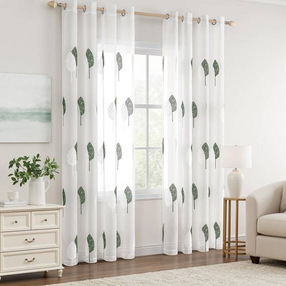 MIULEE Wohnzimmer Gardinen Transparent mit Dunkelgrün und Weiss Blätter Muster, Modern Stickerei Gardinen Ösen für Schlafzimmer Deko, 2er Set Schöne Blätter Muster Vorhang Fenster H 225 x B 140