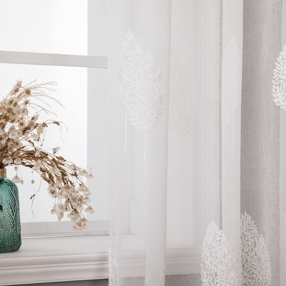 MIULEE Wohnzimmer Vorhänge Transparent mit Weiss Blätter Muster, Extra Lange Stickerei Gardinen Ösen für Schlafzimmer Deko, 2er Set Schöne Blätter Muster Vorhang Fenster H 290 x B 140