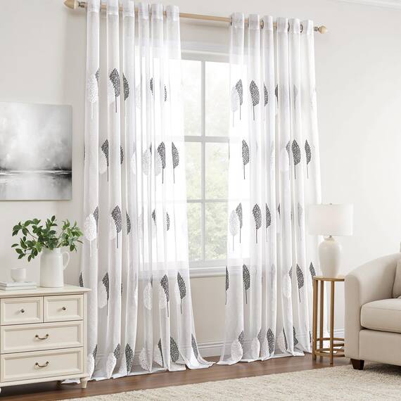 MIULEE Wohnzimmer Gardinen Transparent mit Grau und Weiss Blätter Muster, Modern Stickerei Gardinen Ösen für Schlafzimmer Deko, 2er Set Schöne Blätter Muster Vorhang Fenster H 245 x B 200
