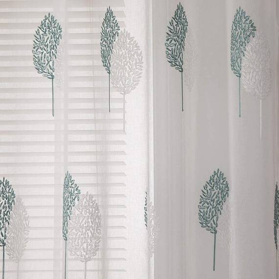 MIULEE Kurz Vorhänge Transparent mit Türkis und Weiss Blätter Muster, Modern Stickerei Gardinen Ösen Für Kleines Fenster Kurzgardine, 2er Set Schöne Blätter Muster Vorhang Fenster H 160 x B 140