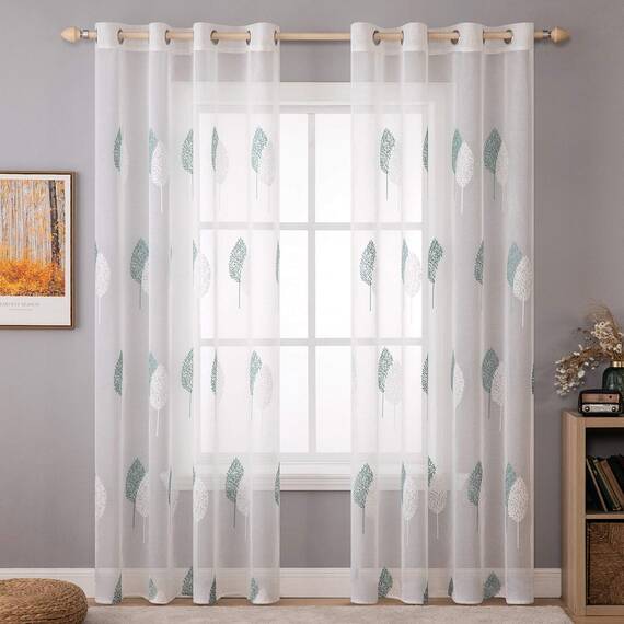 MIULEE Wohnzimmer Vorhänge Transparent mit Türkis und Weiss Blätter Muster, Modern Stickerei Gardinen Ösen für Schlafzimmer Deko, 2er Set Schöne Blätter Muster Vorhang Fenster H 215 x B 140