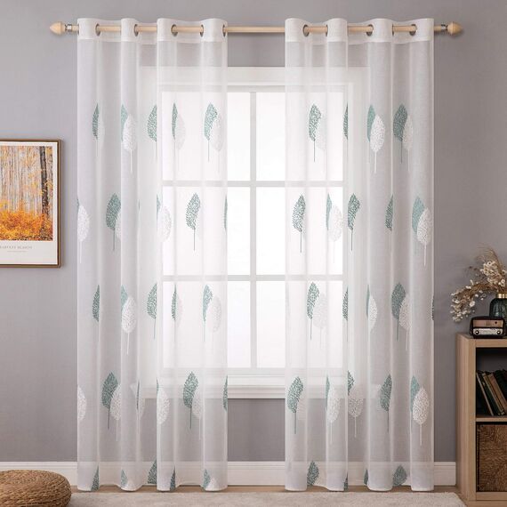 MIULEE Wohnzimmer Vorhänge Transparent mit Türkis und Weiss Blätter Muster, Modern Stickerei Gardinen Ösen für Schlafzimmer Deko, 2er Set Schöne Blätter Muster Vorhang Fenster H 245 x B 140
