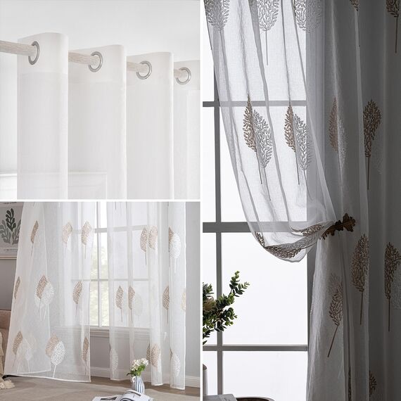 MIULEE Wohnzimmer Vorhänge Transparent mit Blätter Muster, Modern Stickerei Gardinen Ösen für Schlafzimmer Deko, 2er Set Schöne Blätter Muster Durchsichtig Vorhang Fenster H 225 x B 140