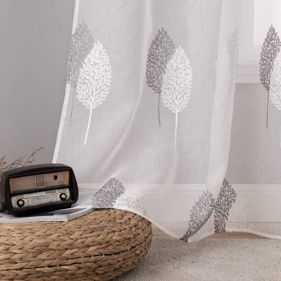 MIULEE Wohnzimmer Vorhänge Transparent mit Grau und Weiss Blätter Muster, Extra Lange Stickerei Gardinen Ösen für Schlafzimmer Deko, 2er Set Schöne Blätter Muster Vorhang Fenster H 290 x B 140