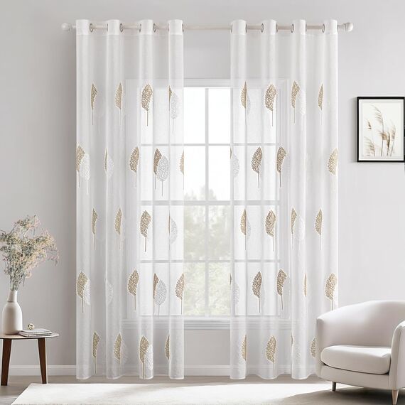 MIULEE Wohnzimmer Vorhänge Transparent mit Blätter Muster, Modern Stickerei Gardinen Ösen für Schlafzimmer Deko, 2er Set Schöne Blätter Muster Durchsichtig Vorhang Fenster H 225 x B 140