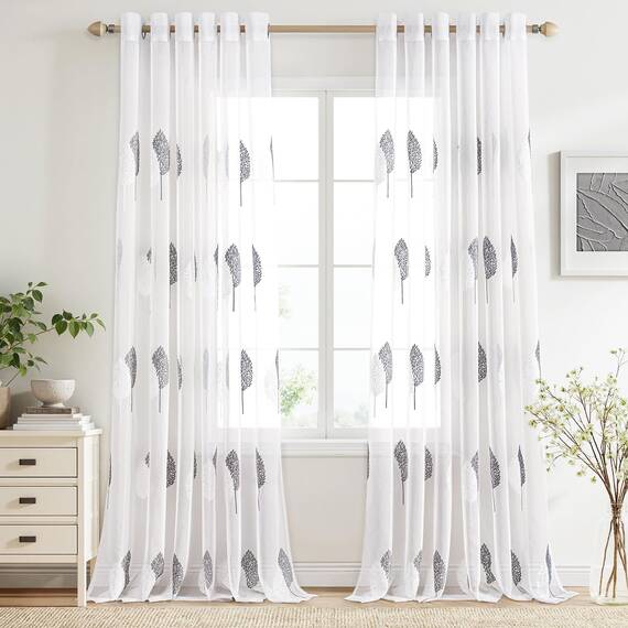 MIULEE Wohnzimmer Gardinen Transparent mit Grau und Weiss Blätter Muster, Modern Stickerei Gardinen Ösen für Schlafzimmer Deko, 2er Set Schöne Blätter Muster Vorhang Fenster H 245 x B 200