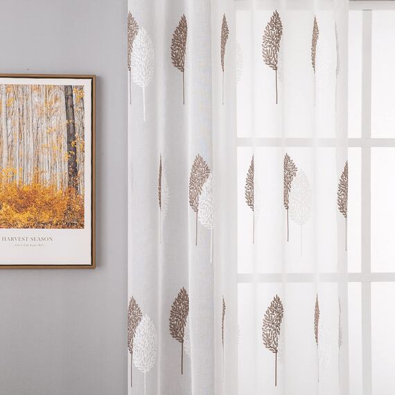 MIULEE Kurz Vorhänge Transparent mit Kaffee und Weiss Blätter Muster, Modern Stickerei Gardinen Ösen Für Kleines Fenster Kurzgardine, 2er Set Schöne Blätter Muster Vorhang Fenster H 160 x B 140