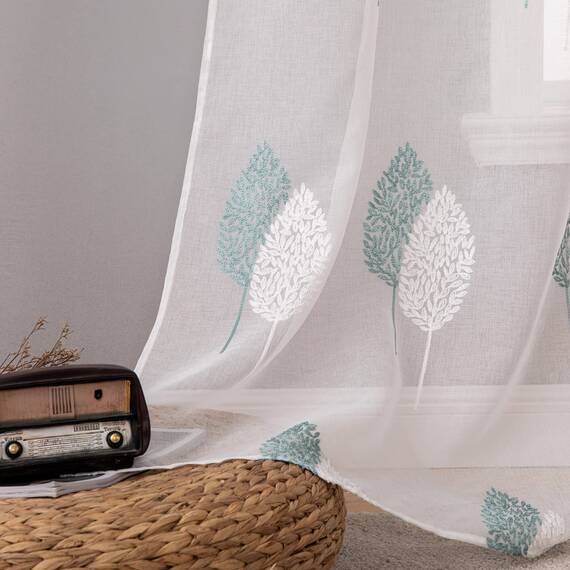 MIULEE Wohnzimmer Vorhänge Transparent mit Türkis und Weiss Blätter Muster, Modern Stickerei Gardinen Ösen für Schlafzimmer Deko, 2er Set Schöne Blätter Muster Vorhang Fenster H 215 x B 140