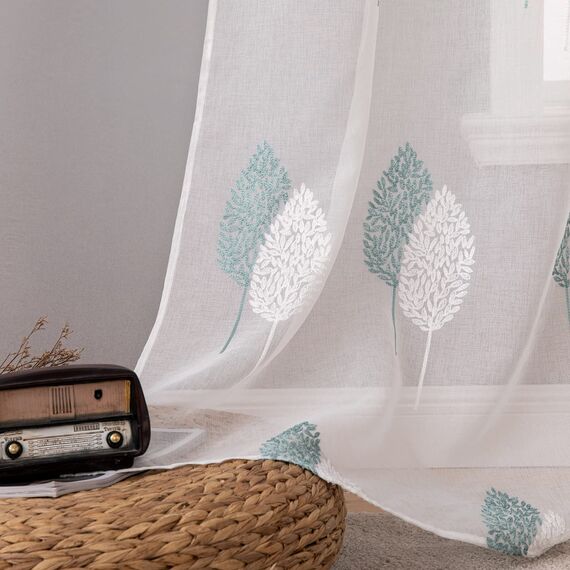 MIULEE Wohnzimmer Vorhänge Transparent mit Türkis und Weiss Blätter Muster, Modern Stickerei Gardinen Ösen für Schlafzimmer Deko, 2er Set Schöne Blätter Muster Vorhang Fenster H 245 x B 140