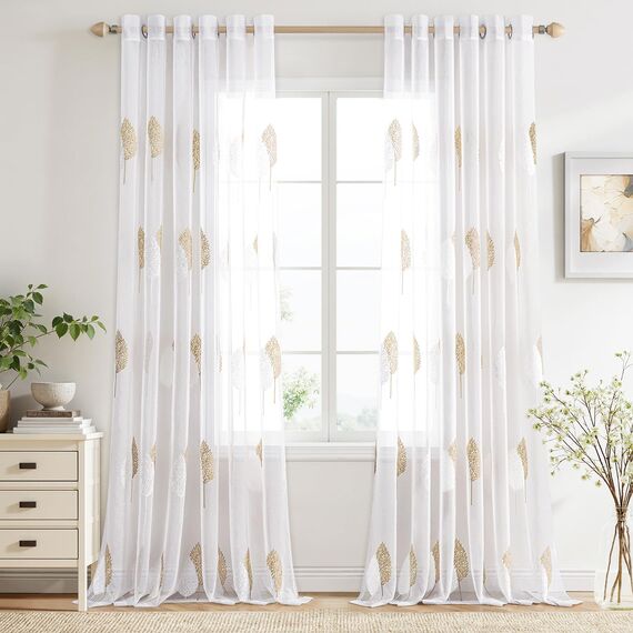 MIULEE Wohnzimmer Gardinen Transparent mit Braun und Weiss Blätter Muster, Modern Stickerei Gardinen Ösen für Schlafzimmer Deko, 2er Set Schöne Blätter Muster Vorhang Fenster H 245 x B 200
