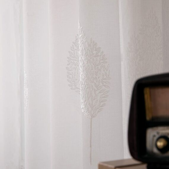 MIULEE Wohnzimmer Vorhänge Transparent mit Weiss Blätter Muster, Modern Stickerei Gardinen Ösen für Schlafzimmer Deko, 2er Set Schöne Blätter Muster Vorhang Fenster H 175 x B 140