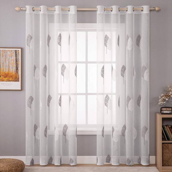 MIULEE Wohnzimmer Vorhänge Transparent mit Grau und Weiss Blätter Muster, Extra Lange Stickerei Gardinen Ösen für Schlafzimmer Deko, 2er Set Schöne Blätter Muster Vorhang Fenster H 290 x B 140