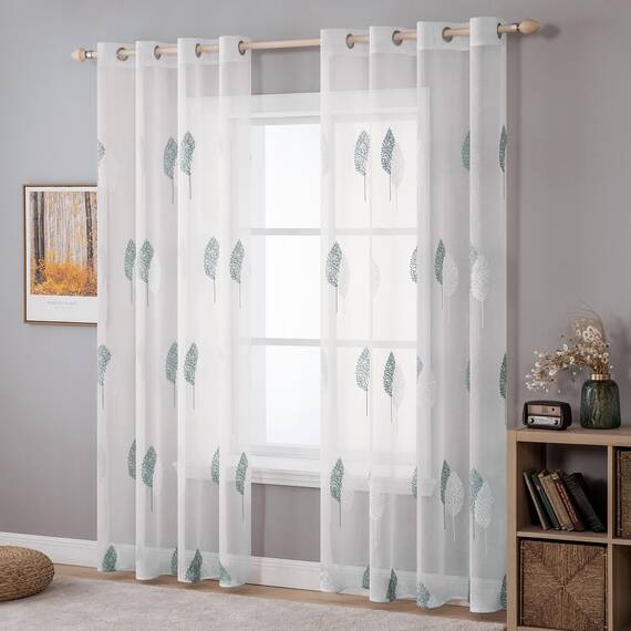 MIULEE Wohnzimmer Vorhänge Transparent mit Türkis und Weiss Blätter Muster, Modern Stickerei Gardinen Ösen für Schlafzimmer Deko, 2er Set Schöne Blätter Muster Vorhang Fenster H 215 x B 140