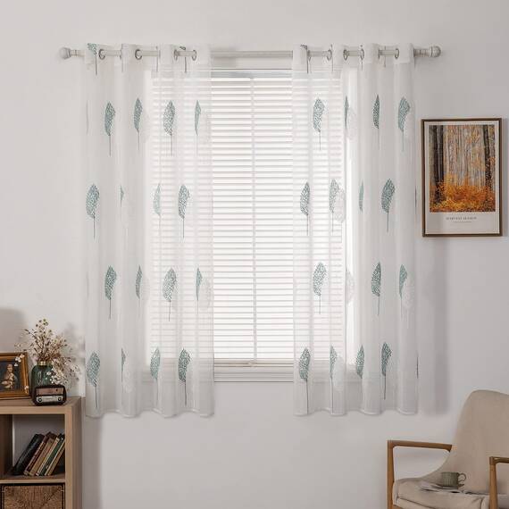 MIULEE Kurz Vorhänge Transparent mit Türkis und Weiss Blätter Muster, Modern Stickerei Gardinen Ösen Für Kleines Fenster Kurzgardine, 2er Set Schöne Blätter Muster Vorhang Fenster H 160 x B 140