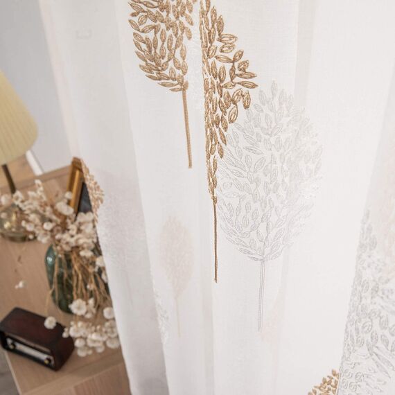 MIULEE Wohnzimmer Vorhänge Transparent mit Braun und Weiss Blätter Muster, Extra Lange Stickerei Gardinen Ösen für Schlafzimmer Deko, 2er Set Schöne Blätter Muster Herbst Vorhang Fenster H 300 x B 140