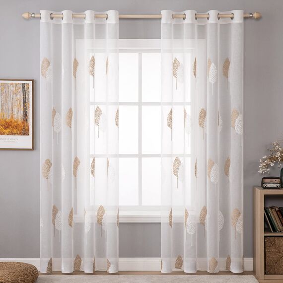 MIULEE Wohnzimmer Vorhänge Transparent mit Braun und Weiss Blätter Muster, Modern Stickerei Gardinen Ösen für Schlafzimmer Deko, 2er Set Schöne Blätter Muster Vorhang Fenster H 215 x B 140