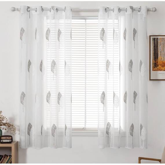 MIULEE Kurz Vorhänge Transparent mit Grau und Weiss Blätter Muster, Modern Stickerei Gardinen Ösen Für Kleines Fenster Kurzgardine, 2er Set Schöne Blätter Muster Vorhang Fenster H 145 x B 140