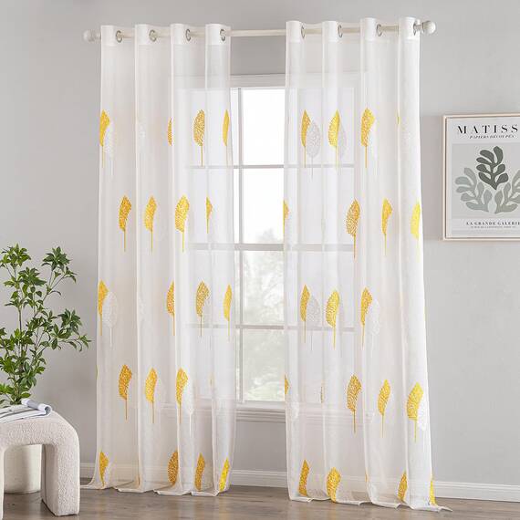 MIULEE Wohnzimmer Vorhänge Transparent mit Gelb und Weiss Blätter Muster, Modern Stickerei Gardinen Ösen für Schlafzimmer Deko, 2er Set Schöne Blätter Muster Vorhang Fenster H 260 x B 140