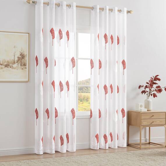 MIULEE Wohnzimmer Gardinen Transparent mit Terrakotta und Weiss Blätter Muster, Modern Stickerei Gardinen Ösen für Schlafzimmer Deko, 2er Set Schöne Blätter Muster Vorhang Fenster H 225 x B 140
