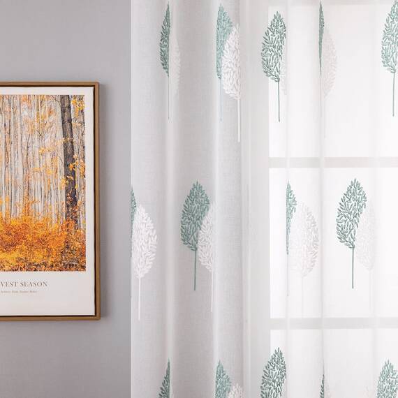 MIULEE Kurz Vorhänge Transparent mit Türkis und Weiss Blätter Muster, Modern Stickerei Gardinen Ösen Für Kleines Fenster Kurzgardine, 2er Set Schöne Blätter Muster Vorhang Fenster H 160 x B 140