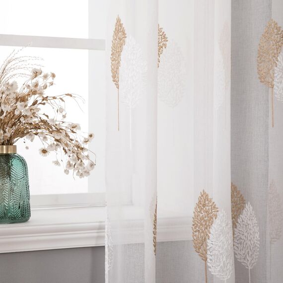 MIULEE Wohnzimmer Vorhänge Transparent mit Braun und Weiss Blätter Muster, Modern Stickerei Gardinen Ösen für Schlafzimmer Deko, 2er Set Schöne Blätter Muster Vorhang Fenster H 280 x B 140