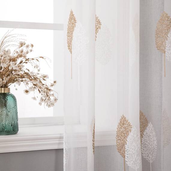 MIULEE Wohnzimmer Vorhänge Transparent mit Braun und Weiss Blätter Muster, Modern Stickerei Gardinen Ösen für Schlafzimmer Deko, 2er Set Schöne Blätter Muster Vorhang Fenster H 225 x B 140