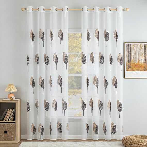 MIULEE Wohnzimmer Vorhänge Transparent mit Kaffee und Braun Blätter Muster, Modern Stickerei Gardinen Ösen für Schlafzimmer Deko, 2er Set Schöne Blätter Muster Herbst Vorhang Fenster H 260 x B 140