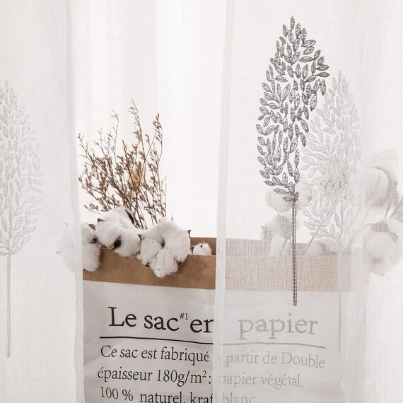 MIULEE Wohnzimmer Vorhänge Transparent mit Grau und Weiss Blätter Muster, Modern Stickerei Gardinen Ösen für Schlafzimmer Deko, 2er Set Schöne Blätter Muster Vorhang Fenster H 225 x B 140
