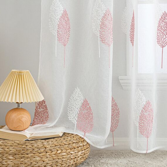 MIULEE Wohnzimmer Vorhänge Transparent mit Rosa und Weiss Blätter Muster, Modern Stickerei Gardinen Ösen für Schlafzimmer Deko, 2er Set Schöne Blätter Muster Vorhang Fenster H 260 x B 140